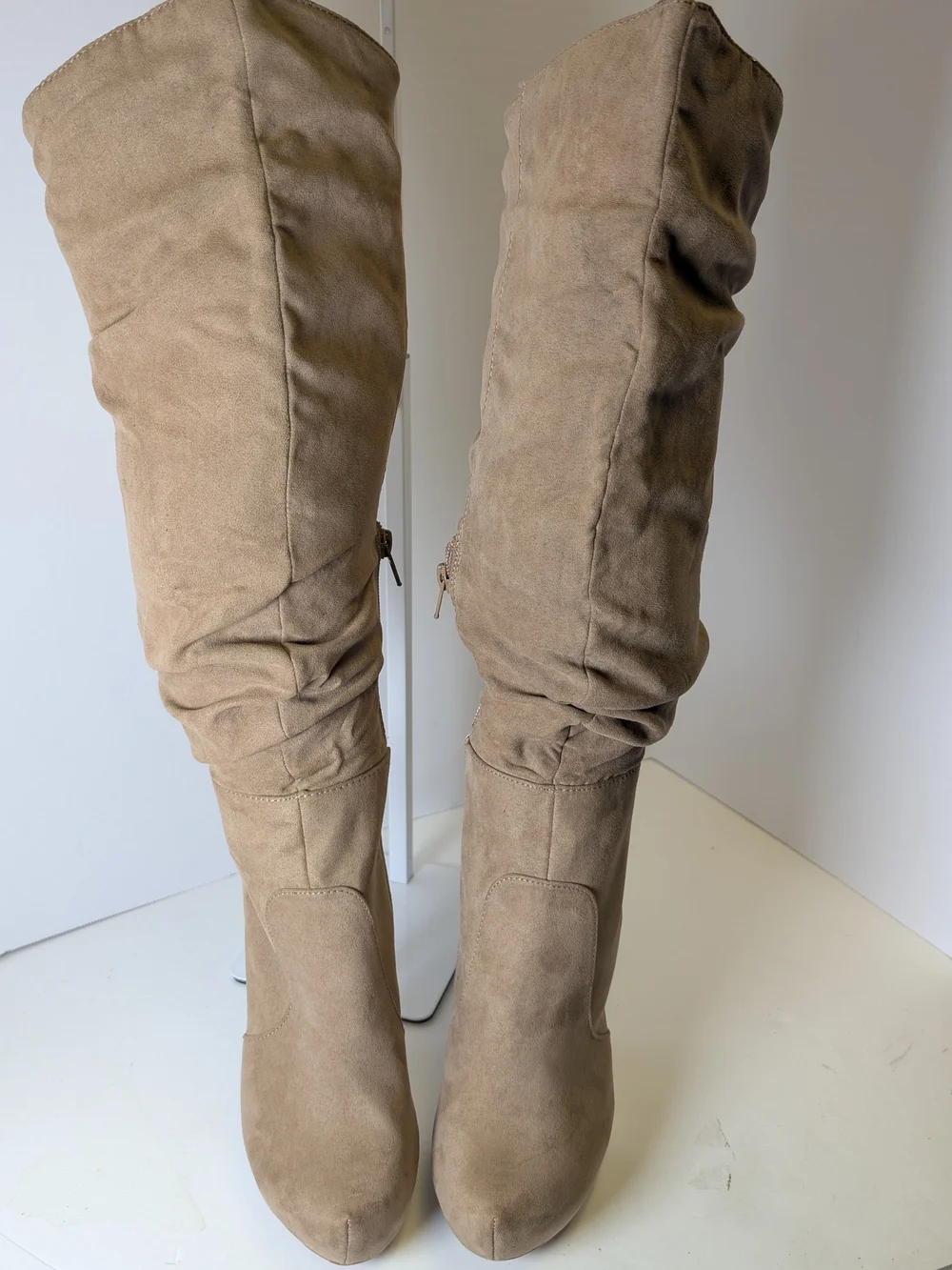 JustFab Taupe Slouch Over-the-Knee Heeled Boots